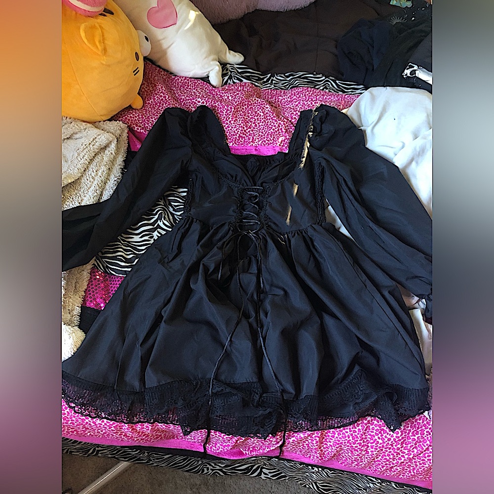 gothic lace up flare black lace hem dress
